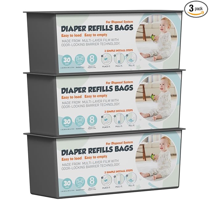 Diaper Pail Refills Bags with 30 Bags (Baby Powder Scent) Compatible with Genie Easy Roll Signature and Platinum Diaper Pails, 7-Layer Odor-Barrier Technology 3 Pack (90 Bag)