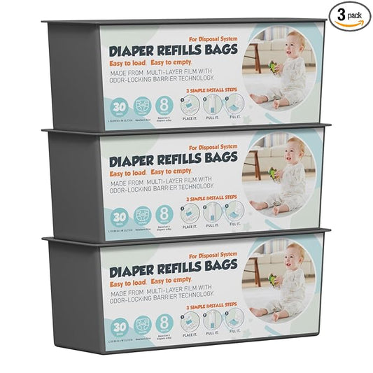 Diaper Pail Refills Bags with 30 Bags (Baby Powder Scent) Compatible with Genie Easy Roll Signature and Platinum Diaper Pails, 7-Layer Odor-Barrier Technology 3 Pack (90 Bag)
