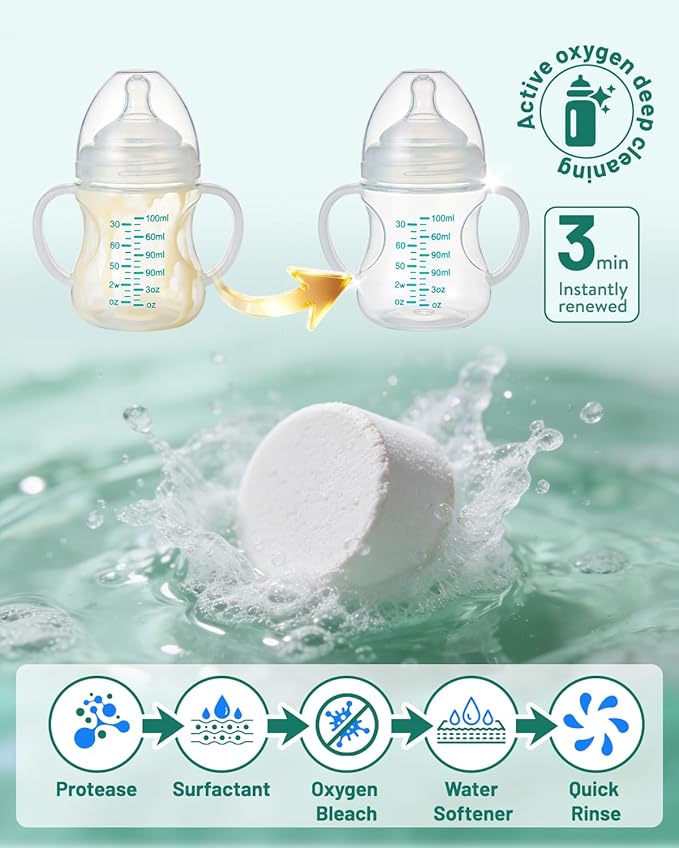 120PCS Bottle Washer Tablets Compatible with Baby Brezza, Momcozy ,Grownsy & All Brands, Detergent Tablets for Bottle Washers, Detergent Cleaning Tablets for Baby Bottles, Deep Cleans Milk Residue