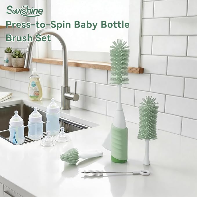 Baby Bottle Brush Set, Innovative Efficient Press-to-Spin Brush Cleaner - Includes Silicone Bottle Brush, Nipple Brush, Straw Cleaner - Spinning Generates Rich Foam for Deep Cleaning, Green