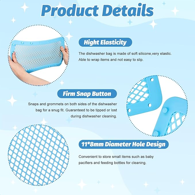 3 Pcs Silicone Dishwasher Bags, Large Baby Bottles Dishwasher Bags for Small Items, Bottle Nipples, Breast Pump Accessories, Pacifiers, and Toy Parts(Blue, Green)