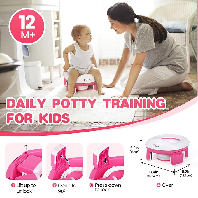 Orzbow Portable Potty Training Toilet, Travel Potty Seat for Toddler Boys Girls with Splash Guard, Potty Training Essentials, Foldable, Includes Free Travel Bag and 40 Liners, Indoor/Outdoor Use, Pink