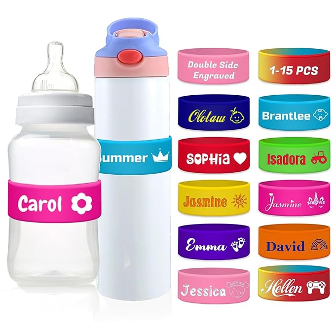 Personalized Bottle Labels Custom Water Bottle Name Bands with Logo Customized Engraved Reusable Silicone Sippy Cup Labels for Daycare School 1-15 PCS