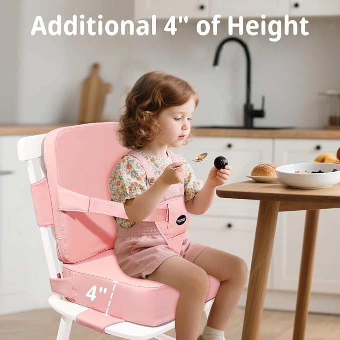 Toddler Booster Seat for Kitchen Chair with Removable Backrest & Adjustable Straps, PU Portable Waterproof & Non-Slip Booster Seat for Dining Table, Travel Child Eating Cushion - Pink
