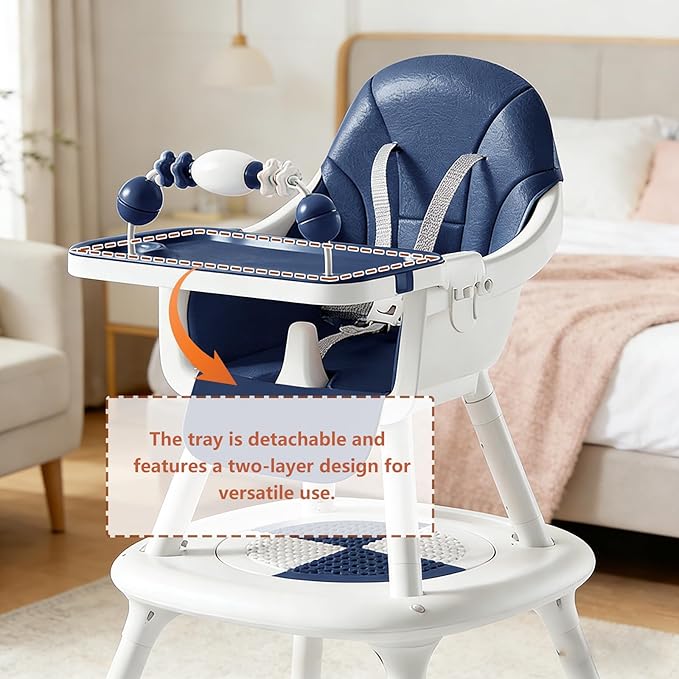 Convertible 4-in-1 Baby High Chair with Block Table, Infant to Toddler Feeding Chair with Play Tray & Built-in Toys, Removable PU Cushion, Easy to Clean Dining & Activity Chair–Blue