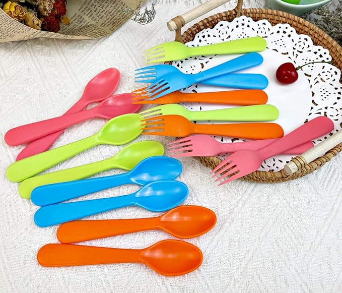Jawbush 20 Pcs Kids Plastic Utensils Kids Forks and Spoons Set, Reusdable Toddler Silverware Cutlery Set with Bright Colors Ideal for School Lunch Box or Travel, Size also for Adults, BPA Free