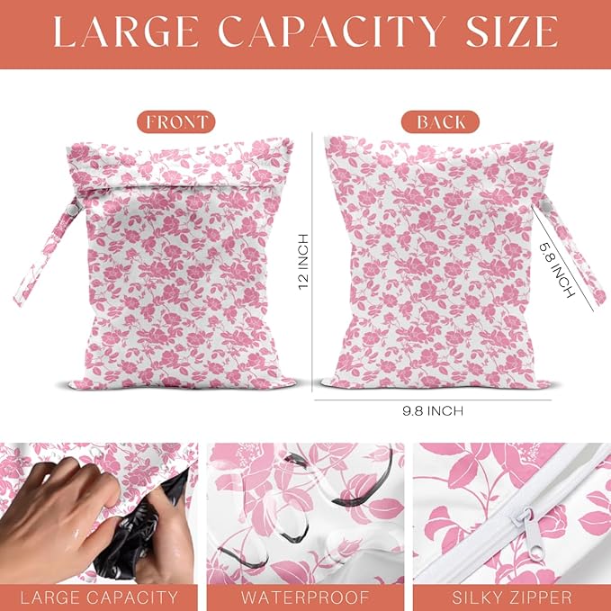 4 Pack Rose Floral Wet Bag Waterproof Washable Reusable Wet Dry Bag for Swimsuit Clothes Cloth Diaper Travel Beach Pool Yoga Gym Toiletries Gift for Women Bestie Sister Birthday Christmas