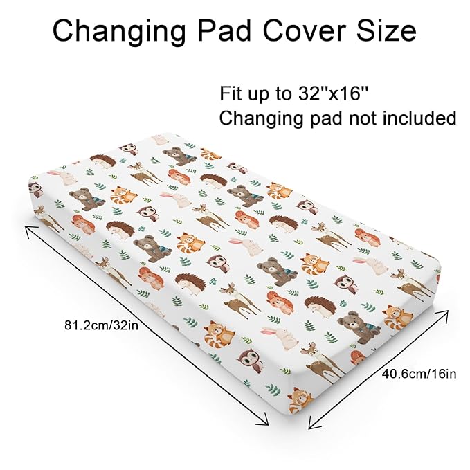 Cartoon Animals Leaves Changing Pad Cover Cute Bear Raccoon Squirrel Deer Rabbit Hedgehog Owl Change Table Cover for Boys Girls Soft Stretch Fitted Diaper Changing Mat Sheets 32''x16''