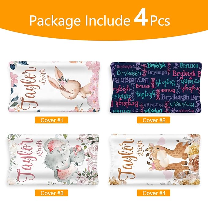 Custom Changing Pad Cover Set - Jersey Knit Comfy CozyUltra Soft Unisex Diaper Changing Table Covers with Personalized Name for Baby Boys Girls - Waterproof Ultra Soft 4 Pcs Set Style04