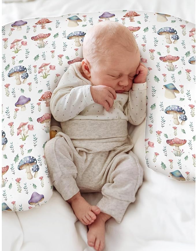 Fairytale Mushroom Baby Nursing Pillow Covers for Boy Girl Colorful Mushrooms Floral Leaves Nursing Pillowcase for Breastfeeding Pillows Magical Plant Soft Stretchy Slipcovers for Newborn Infant