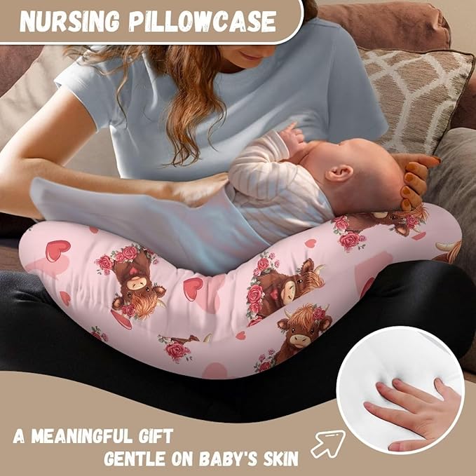 Highland Cow Nursing Pillow Cover for Baby Girls Boys Nursing Pillowcase Stretchy Breastfeeding Pillow Slipcovers for Newborn Girl Boy Love Heart Nursing Pillowcovers Pink