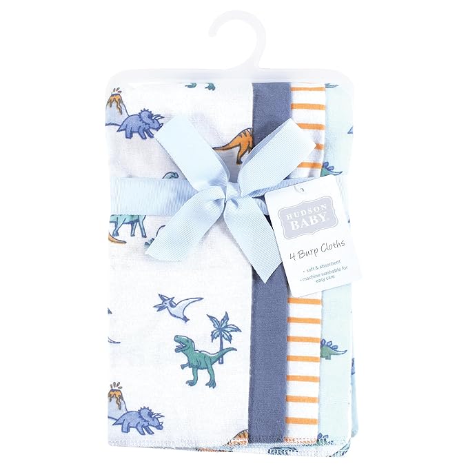 Hudson Baby Unisex Baby Cotton Flannel Burp Cloths 4-Pack, Pastel Dino, One Size
