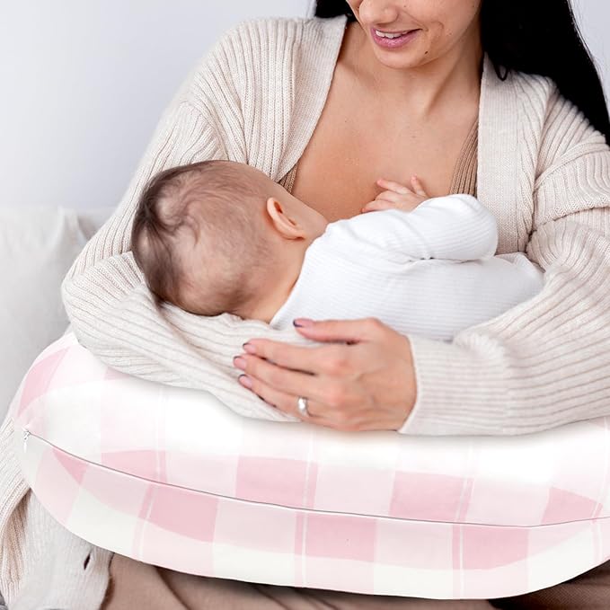 DILIMI Nursing Pillow Cover, Stretchy Removable Case for Breastfeeding Pillows, Ultra Soft Comfortable Slipcover for Baby Girl and Boy, Pink Checkered