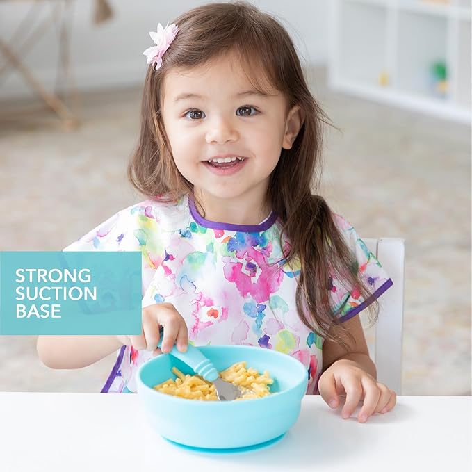 Bumkins Baby Bowl, Silicone Suction, for Babies, Toddlers and Kids, Baby Led Weaning, Feeding Essentials, Platinum Silicone, Non Skid Sticky Bottom, Supplies for Children Ages 6 Months Up, Blue