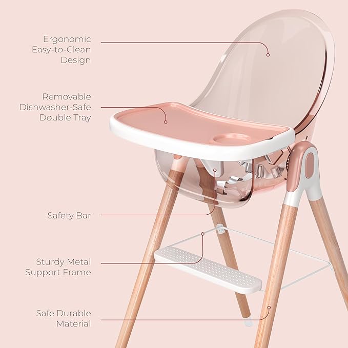 6 in 1 Deluxe Wooden High Chair for Babies & Toddlers, Modern Safe & Compact Baby Highchair, Easy to Clean & Assemble, Removable Tray, 6 Options 3 Seat Positions 2 Heights (Pink)