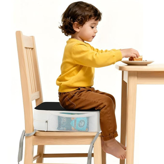 Booster Seat for Kitchen Chair, 3.8" Toddler Booster Seats for Dining Table with Ties, PU Dining Booster Seat with Side Pockets, Non-Slip & Removable Booster Seat for Table Increasing Cushion (Black)