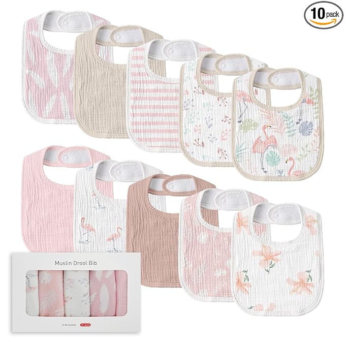 Muslin Baby Drool Bibs for Unisex Boys Girls, 10 Pack Soft Cotton Baby Bib for Teething Drooling, Essentials Shower Gift (10, Light Pink)