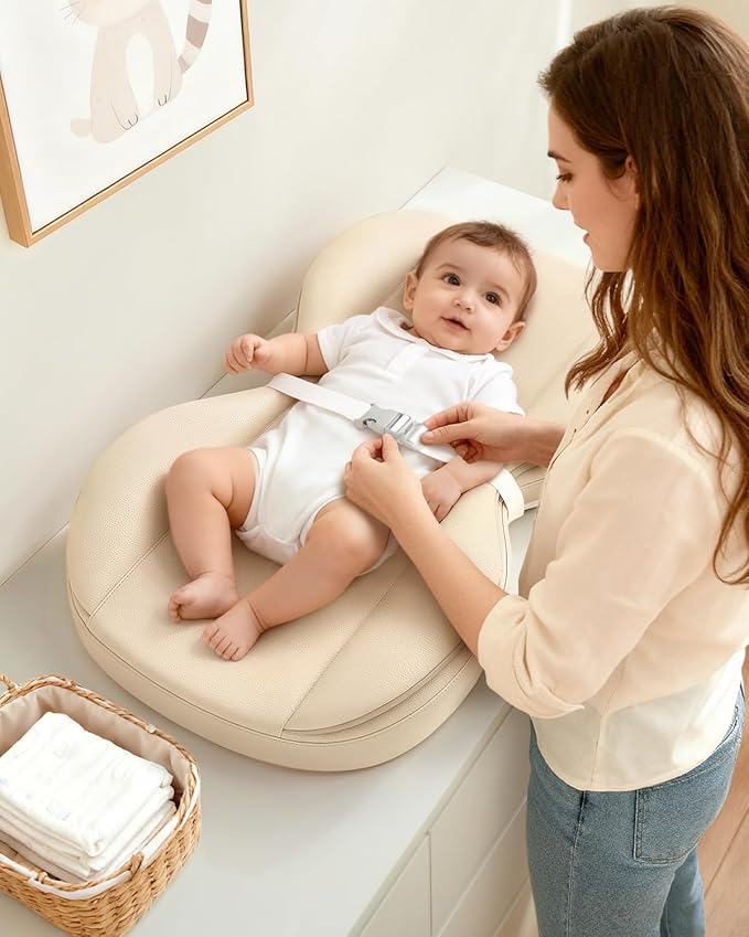 Baby Changing Pad, Waterproof Wipe-Clean PU Leather with High-Density Foam, Non-Slip Contoured Cushioned Edges with Adjustable Safety Strap, for Dresser & Changing Table, 28"×16", Beige