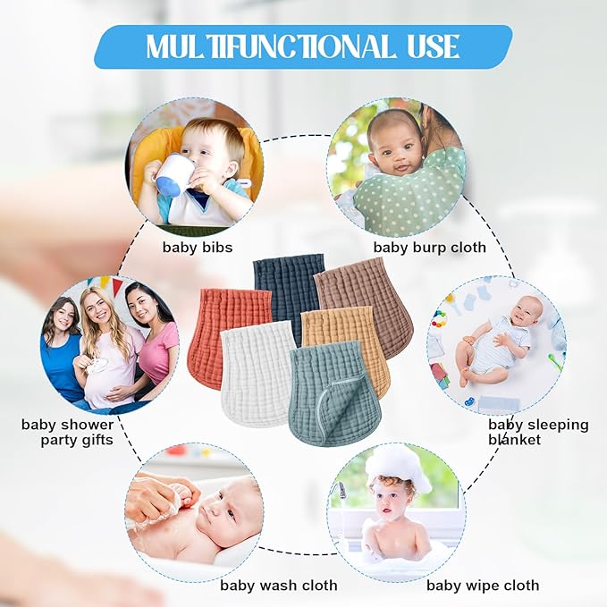 Frienda 6 Pack Muslin Burp Cloths Cotton Large 20''x 9'' Extra Absorbent and Soft Baby Burping Cloth for Baby Boy Girl Unisex(Cute Colors)