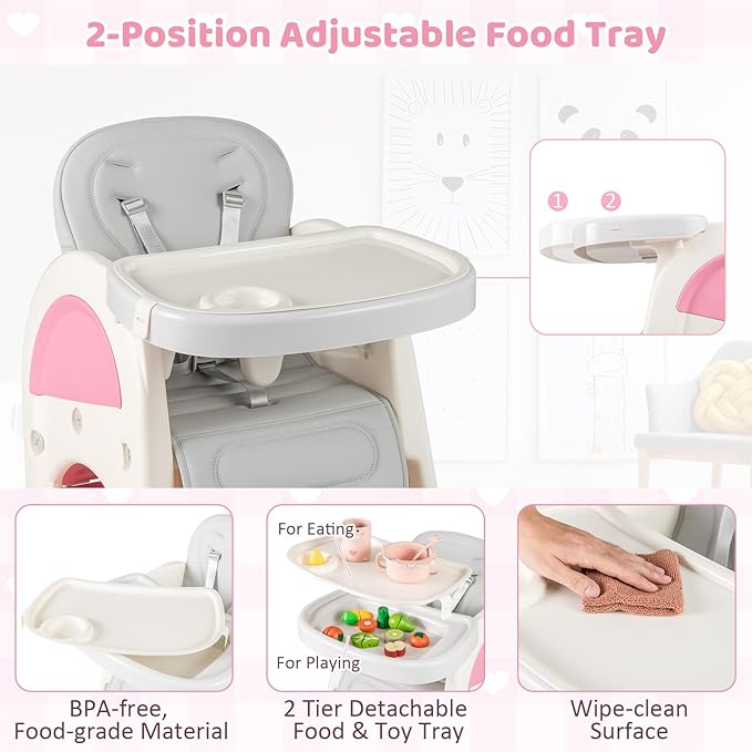 BABY JOY Baby High Chair, 8 in 1 Convertible High Chairs for Babies and Toddlers, Building Block Table and Chair Set, Adjustable Backrest, Removable Double Tray, Storage Boxes, Safety Harness (Pink)