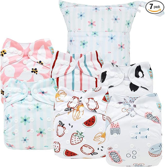 ALVABABY Cloth Diaper Covers 6pcs and 1 Wet Dry Bag, Washable Reusable Diaper Cover with Multi-Functional Bag, Cloth Diaper Shell for Prefold, Flat or Fitted Cloth Diaper Inserts 6NKZ08