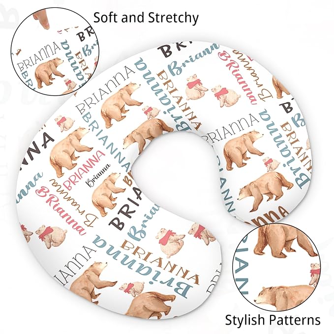 Baby Nursing Pillow Cover - Personalized Name Breastfeeding Pillow Cover with Bear Pattern, Stretchy Removable U-Shaped for New Moms, Soft Breathable Slipcover for Infant Boys Girls