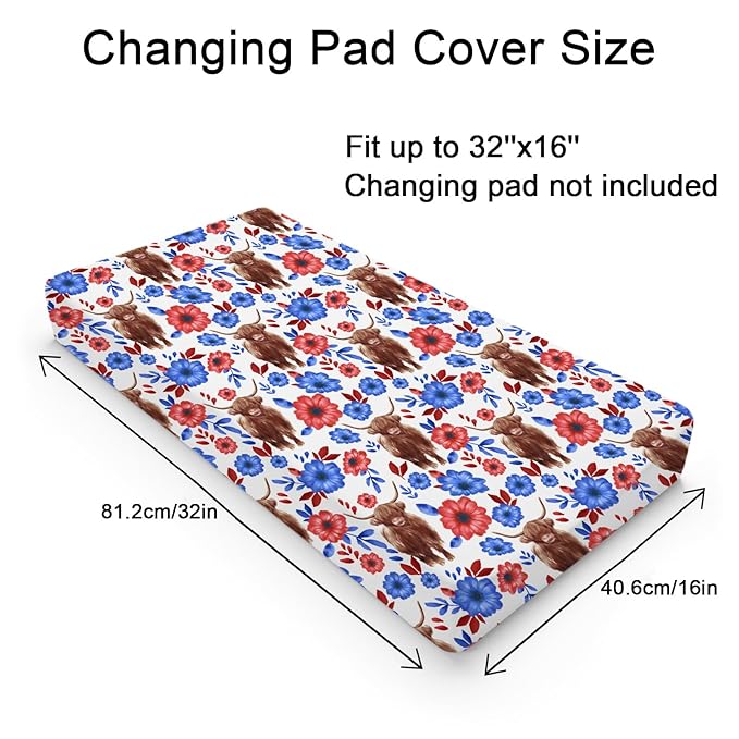 Highland Cows Boho Floral Changing Pad Cover Cute Yak Red Blue Flowers Diaper Changing Table Cover Sheets for Boys Girls Soft Breathable Stretchy Fitted Changing Table Mats 32''x16''