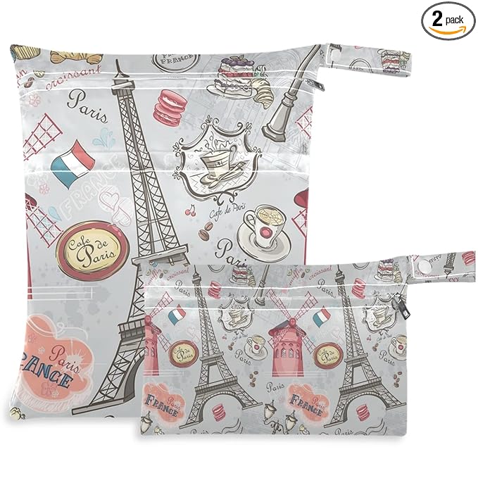 visesunny Red House Eiffel Tower 2Pcs Wet Bag with Zippered Pockets Washable Reusable Roomy for Travel,Beach,Pool,Daycare,Stroller,Diapers,Dirty Gym Clothes, Wet Swimsuits, Toiletries