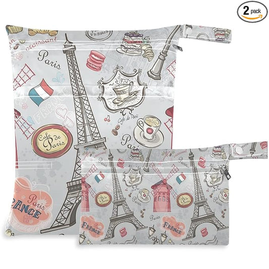 visesunny Red House Eiffel Tower 2Pcs Wet Bag with Zippered Pockets Washable Reusable Roomy for Travel,Beach,Pool,Daycare,Stroller,Diapers,Dirty Gym Clothes, Wet Swimsuits, Toiletries