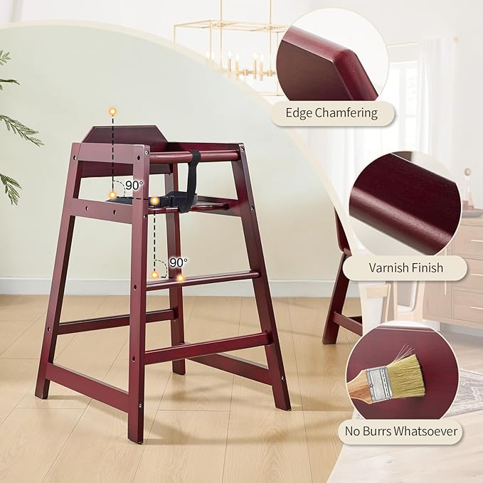 Wooden High Chairs for Babies and Toddlers, Restaurant-Style Stackable High Chair with Commercial Grade Solid Wood for Dining Table & Kitchen, Easy to Clean Baby Booster Seat - Burgundy