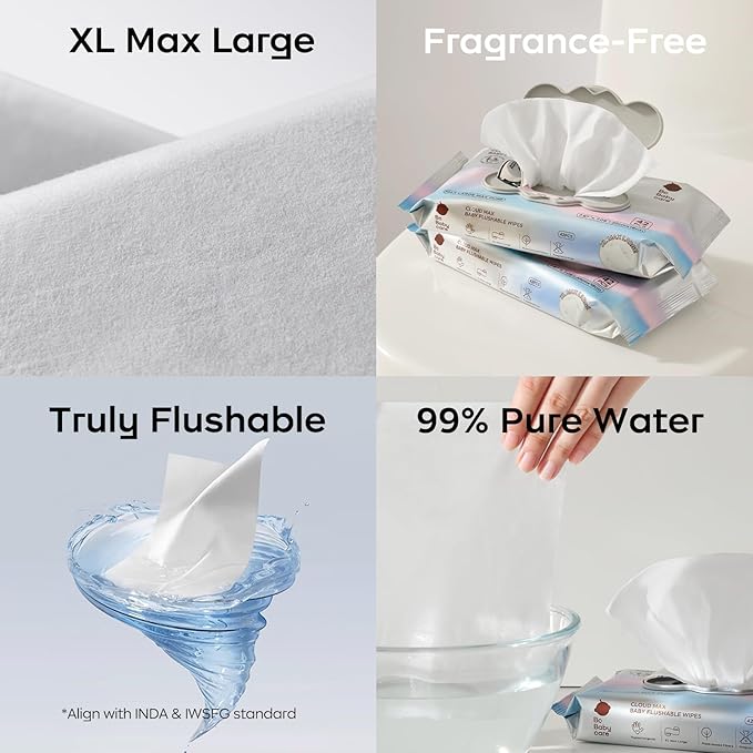 Bc Babycare Cloud Max Flushable Wipes, Hypoallergenic for Sensitive Skin, 99% Water, Plant-Based Fibers, Sewer + Septic Safe, Fragrance Free Toddler Potty Training, 42 Wipes, 3 Packs