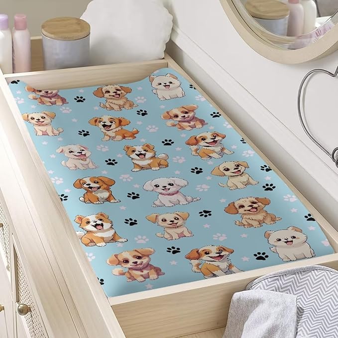 ZDCUSTOM Dog Pattern Changing Pad Cover Soft Breathable Diaper Changing Table Pad Cover Cradle Mattress Sheets Stretchy Fabric Washable Diaper Change Sheet Crib Mat