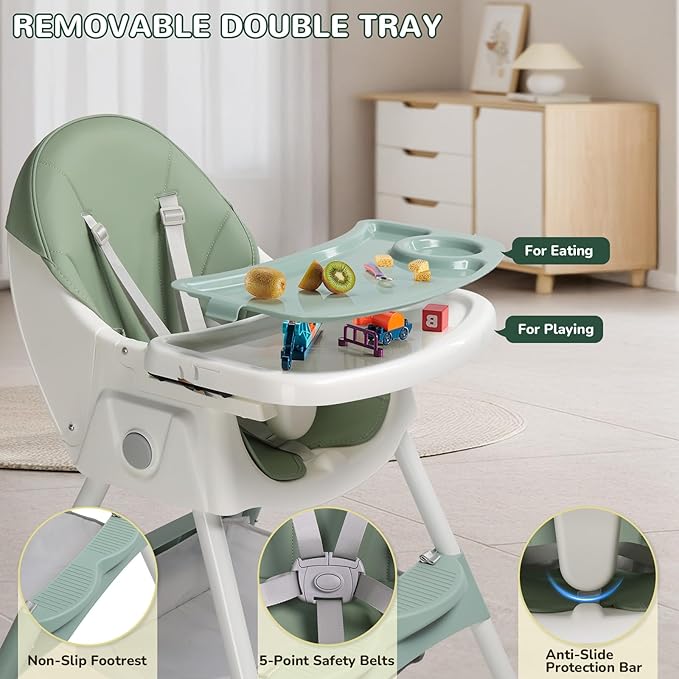 Ktaxon Baby High Chair, 6-in-1 Portable Feeding Rocking Seat with Adjustable Backrest, Removable Tray and 5-Point Safety Harness, Travel Folding Highchair for Toddlers & Babies, Green