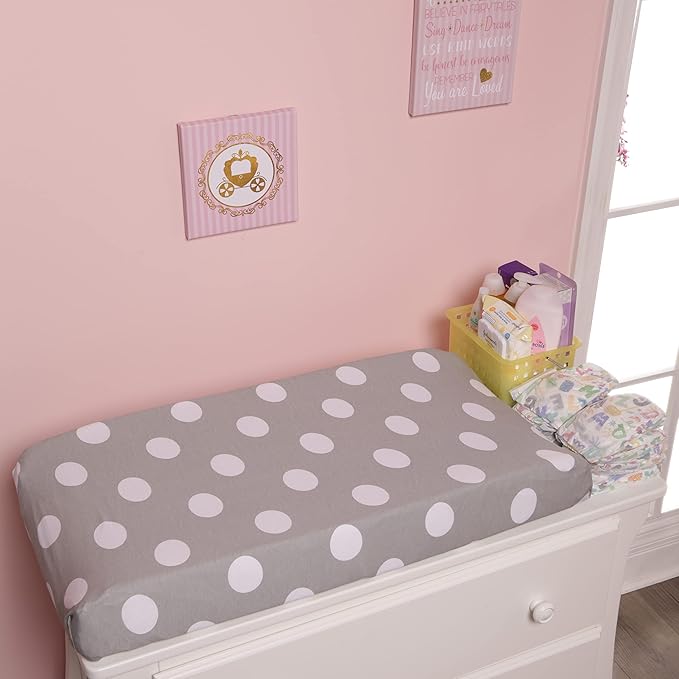 EVERYDAY KIDS 2 Pack Baby Changing Pad Covers for Baby Girl – Fits Most Changing Table Pads; 100% Cotton Jersey Knit, Breathable, Soft Changing Table Topper – Gray, White Dots and Pink. White Hearts