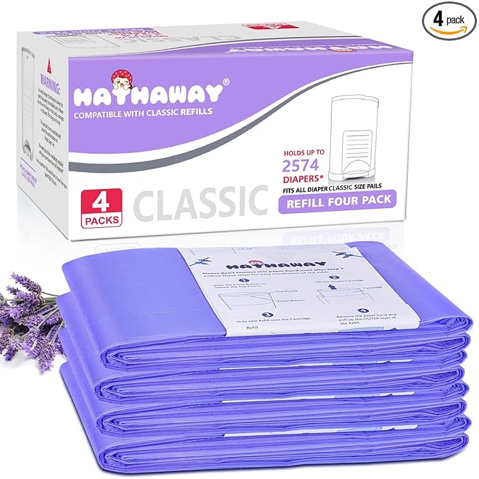 Diaper Pail Refill Bags Compatible with Dekor Classic Diaper Pail, Extra 30% Length, Hold up to 2574 Diapers, Lavender Scent, 4 Pack