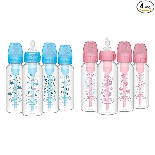 Dr. Brown's Natural Flow Anti-Colic Options+ Narrow Baby Bottles, Pink Floral & Blue Nature, 8 oz/250 mL , Level 1 Slow Flow Nipples, 0m+, 8 Pack