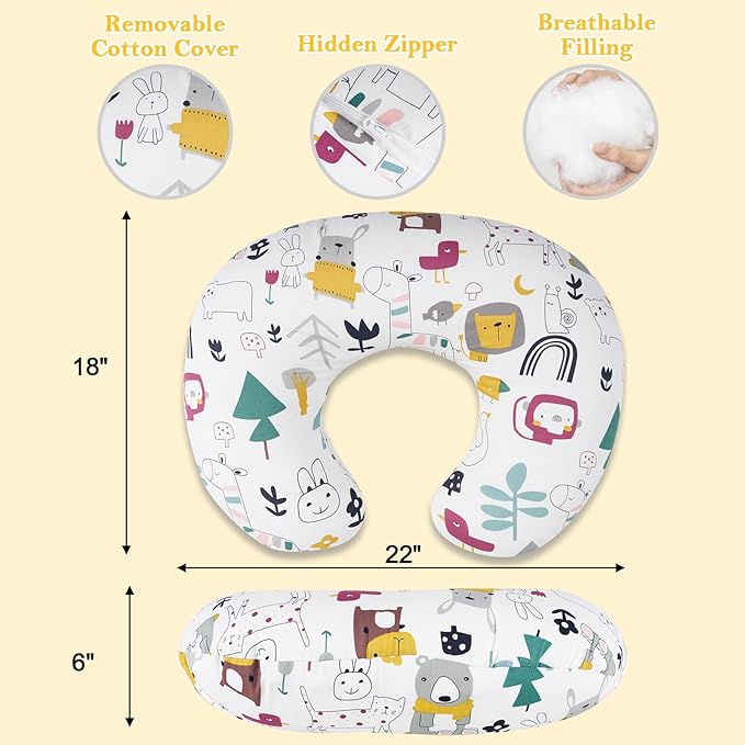 Nursing Pillow, Ergonomic C-Shape for Breastfeeding & Bottle Feeding, Standard Size Breathable with Washable Cover, Hypoallergenic,Tummy Time & Sitting Support