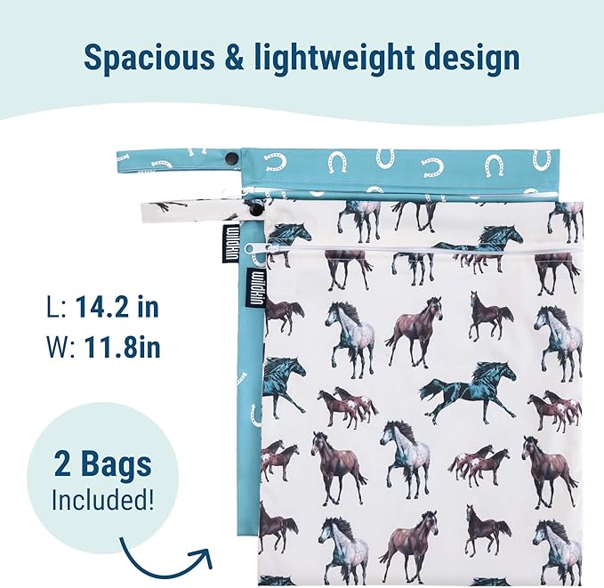 Wildkin Wet Bag Set for Boys, & Girls – Durable Zipper with Snap Loop Handle, Reusable Water-Resistant Bags for Beach, Pool, Travel & Gym - Horse Dreams