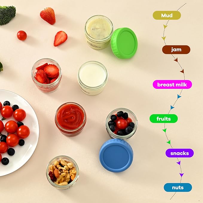 6 Pack Glass Baby Food Storage Containers, 4 oz Leakproof Baby Food Jars with Lids,Freezer & Microwave Safe, BPA Free