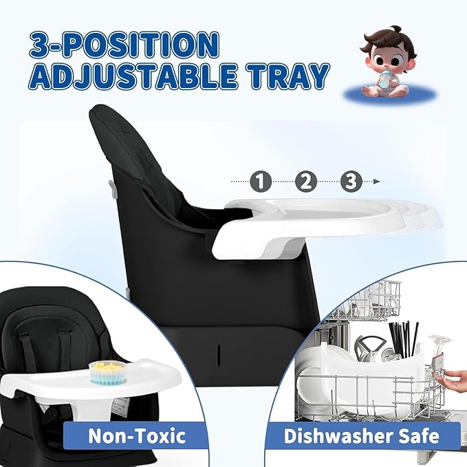 Kinder King 8 in 1 Baby High Chair, Coverts to Dining Booster Seat/Kids Table & Chair Set/Toddler Building Block Table/Kids Stool, Removable Tray & Double Seat Cover, Easy to Wipe, Black & White
