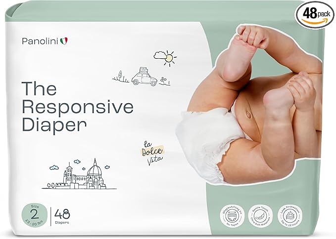 The Responsive Diaper Size 2 (13-20 Ibs), 48 Ct Italian Premium Design, No-Tape Flexible Fit Pull-Up Disposable Diapers for Babies, Soft, Unscented & Hypoallergenic, 12 Hrs Leak Protection