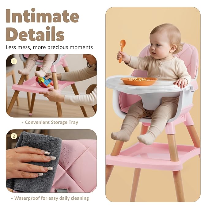 TODEFULL 8 in 1 Wooden High Chairs for Babies Toddlers, Convertible to Booster Seat, Baby Feeding Highchair w/ 5-Point Safety Harness, Removable Tray & Cushion, Pink