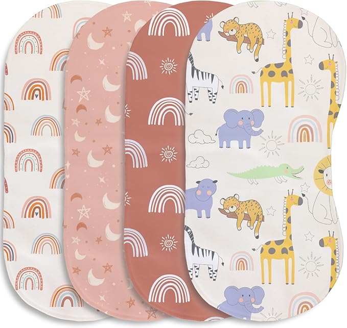 4 Pack Baby Burp Cloths for Boys Girls, Soft Cotton, Boho Rainbow and Cute Animals Design, Super Absorbent Baby Burping Cloths for Newborns, Machine Washable and Reusable Baby Spit-Up Cloths