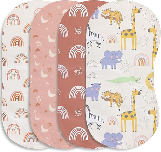 4 Pack Baby Burp Cloths for Boys Girls, Soft Cotton, Boho Rainbow and Cute Animals Design, Super Absorbent Baby Burping Cloths for Newborns, Machine Washable and Reusable Baby Spit-Up Cloths