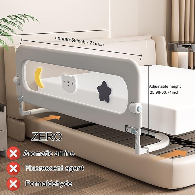 Bed Rail for Toddlers, Foldable Baby Bed Rail Guard, Adjustable, Safety, Convenient, Guard Rails with Twin, Full, Queen& King Size (Gray Cartoon, 1 Side:59inch)