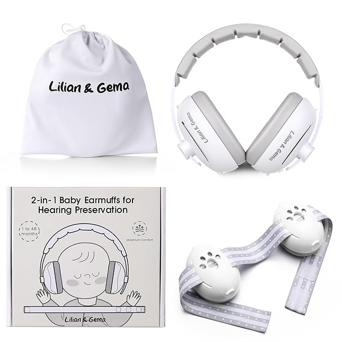 Lilian&Gema 2-in-1 Baby Ear Muffs Noise Protection up to 48 Months - Baby Airplane/Travel Essentials - Adjustable Noise Reduction Earmuffs - Ear Protection Headphones for Infant & Toddler, White