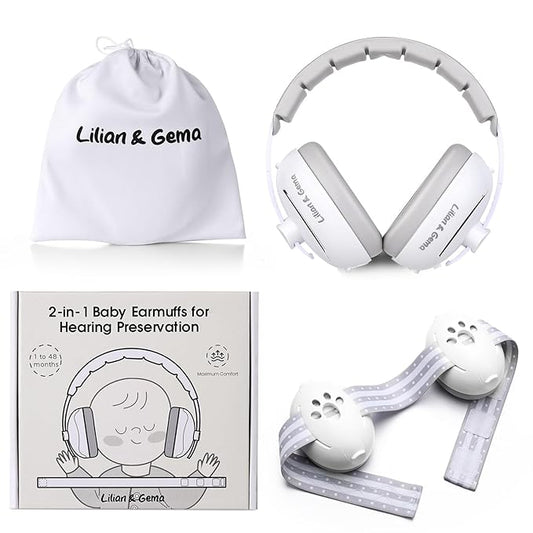 Lilian&Gema 2-in-1 Baby Ear Muffs Noise Protection up to 48 Months - Baby Airplane/Travel Essentials - Adjustable Noise Reduction Earmuffs - Ear Protection Headphones for Infant & Toddler, White