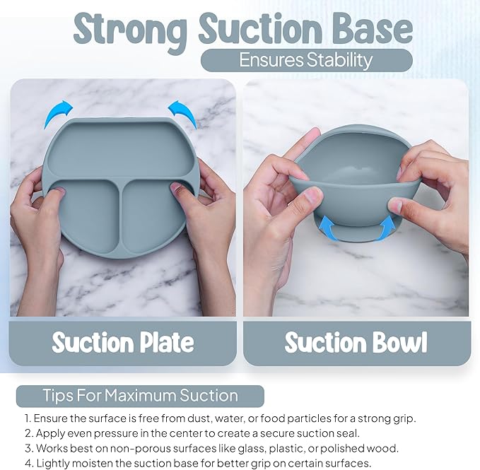 O'doe 17-Piece BPA-Free Silicone Baby Feeding Set | Thick & Soft Suction Plates, Baby Bowls, Wooden Fork & Spoon, and More | Make Mealtime Fun and Easy for Your Little One (Blue, V2)