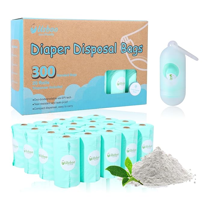 USBOO Diaper Bags Disposable for Baby - 20 Refill Rolls (300 Pack) Diaper Trash Bags with Dispenser, Diaper Bag Accessory, Fresh Powder Scent
