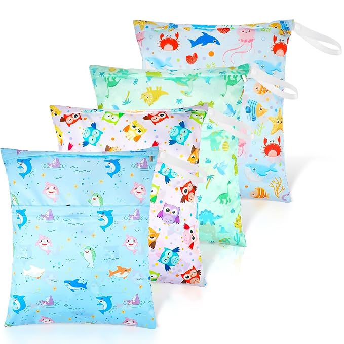 Frienda 4 Pieces Cloth Diaper Wet Dry Bag, Waterproof Reusable Washable Bag for Baby Items and Travel Zippered Pockets with Handle, Beach, Swimsuit, Dirty Gym Clothes and Toiletries(Animal)